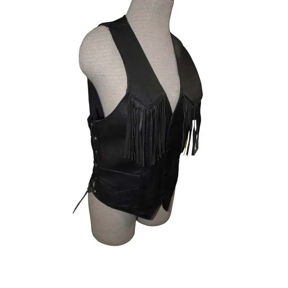 Vintage Black Leather Fringe Biker Vest Men’s M/L — Western Motorcycle Side Lace